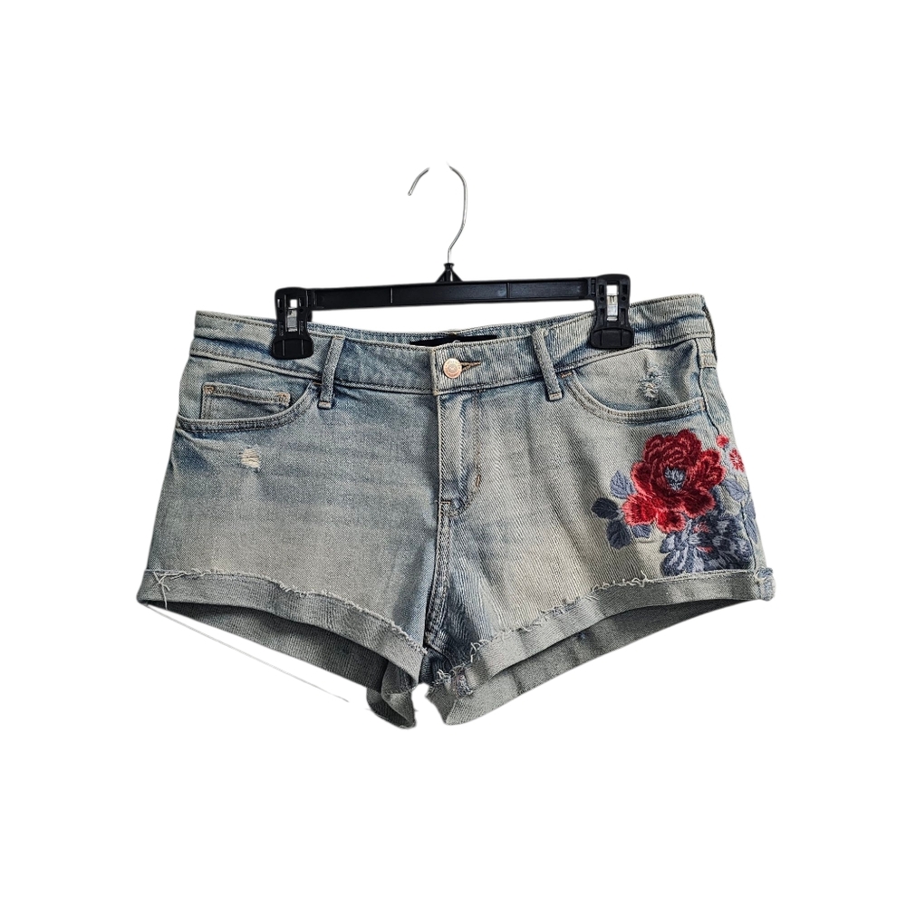 Hollister Low Rise Short Cuffed Jean Shorts Size 11 Floral Rose Embroidered